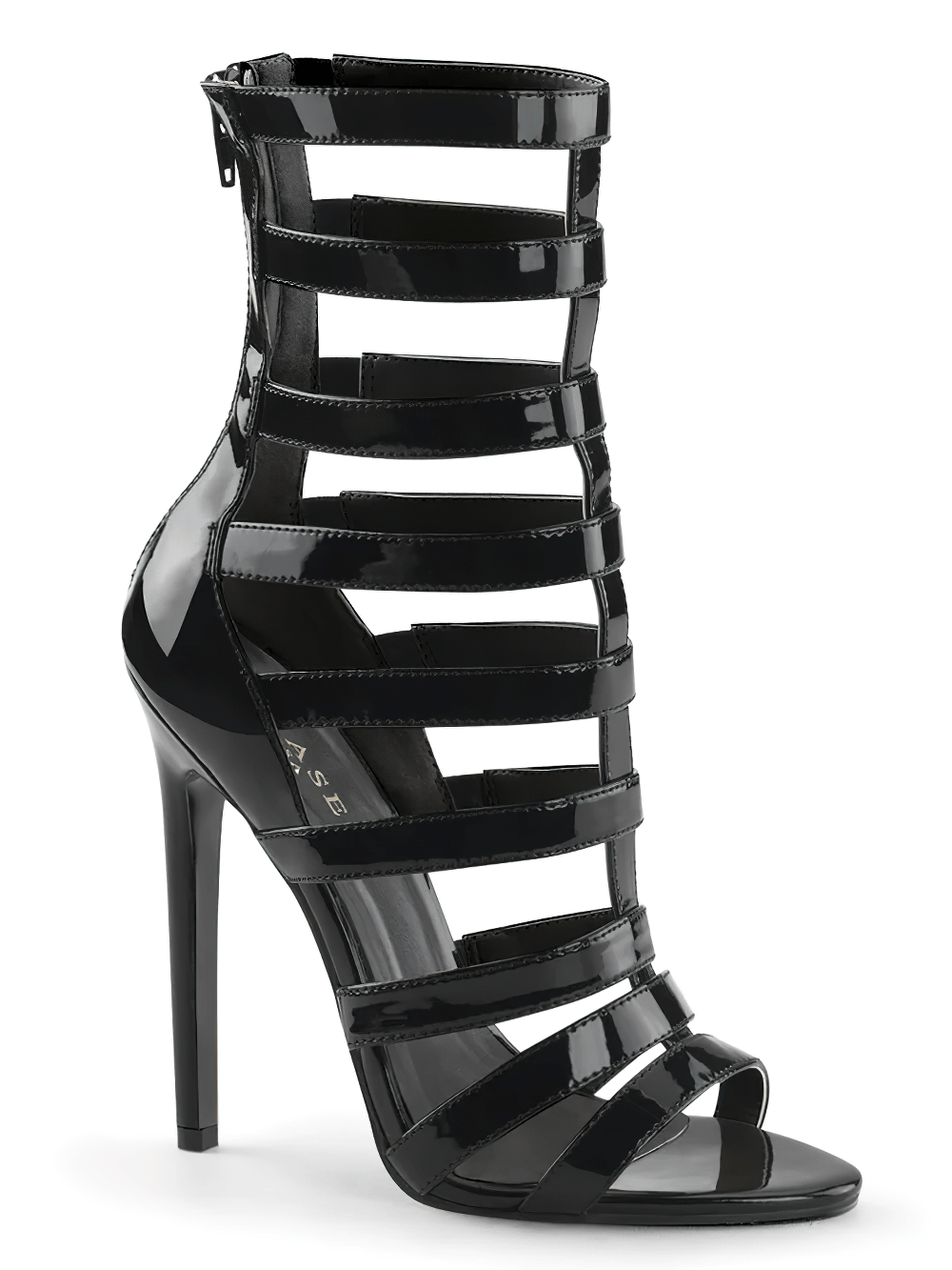 Chic black strappy stiletto sandals with cage design and back zipper for women.