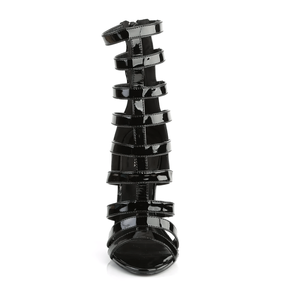 Sleek black strappy stiletto sandals with a cage design and back zipper for easy wear.