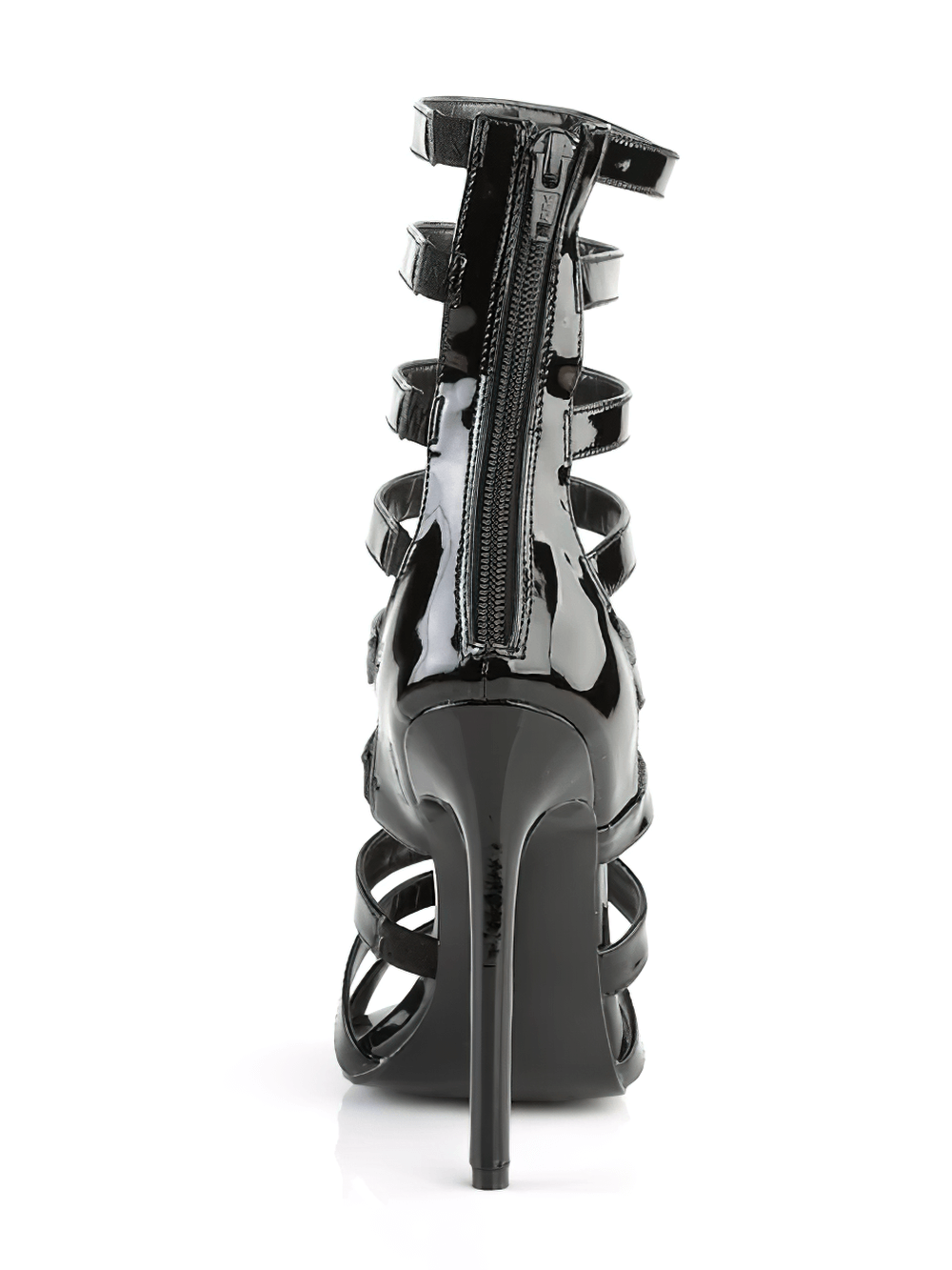 Back view of PLEASER sleek strappy stiletto sandals featuring a zip closure and elegant cage design.