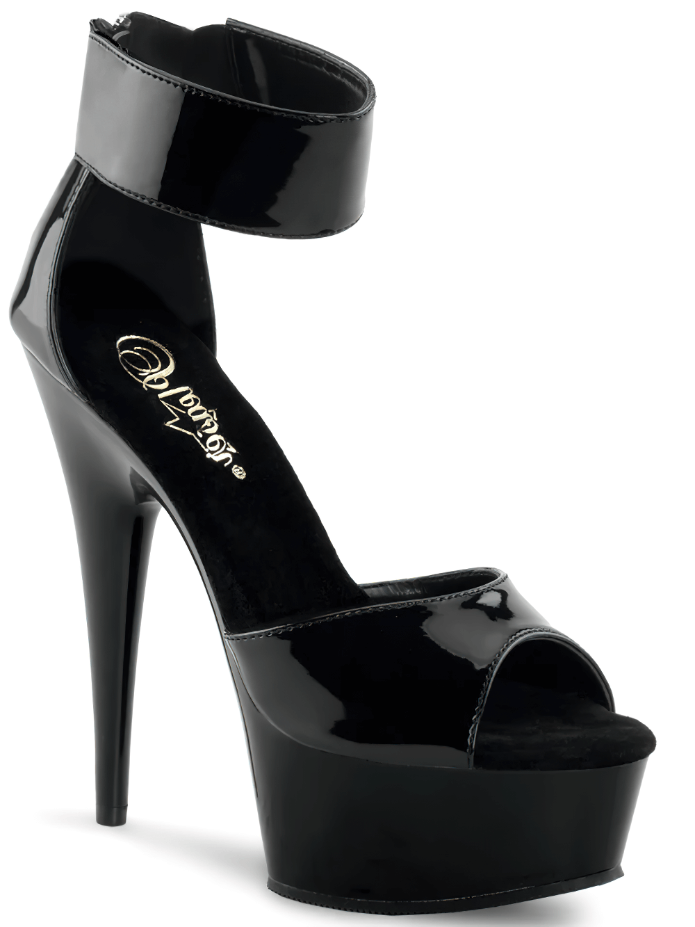 Sleek black stiletto sandals with ankle band and back zip, featuring a 6-inch heel for stylish comfort.