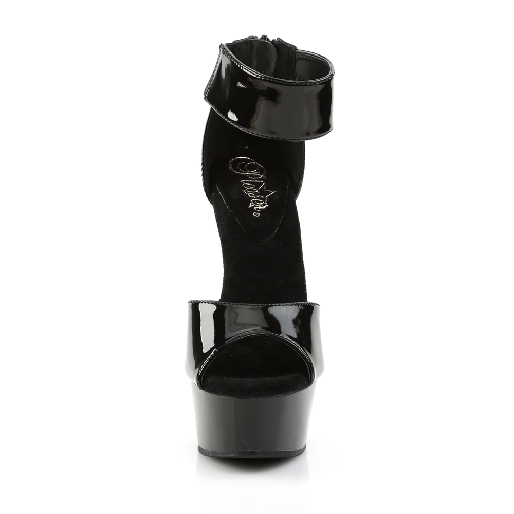 Stylish black stiletto sandals with ankle strap and back zip, featuring a 6-inch heel and sleek design for women.