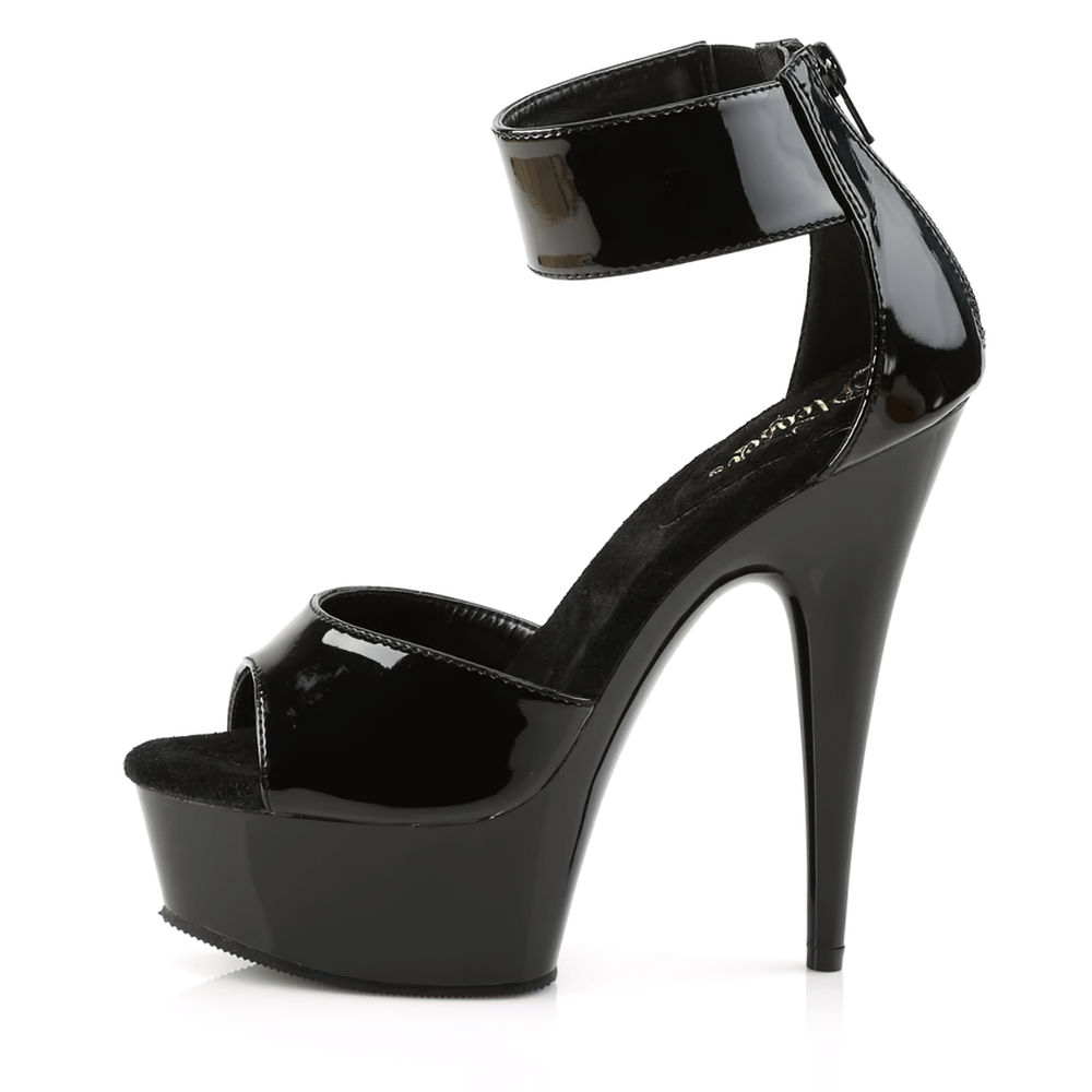 Sleek black stilettos with ankle band and back zip, featuring a stunning 6-inch heel and 1 3/4-inch platform.