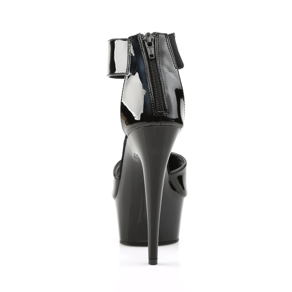 Black stiletto sandals with ankle band and back zip, showcasing sleek design and 6-inch heel.