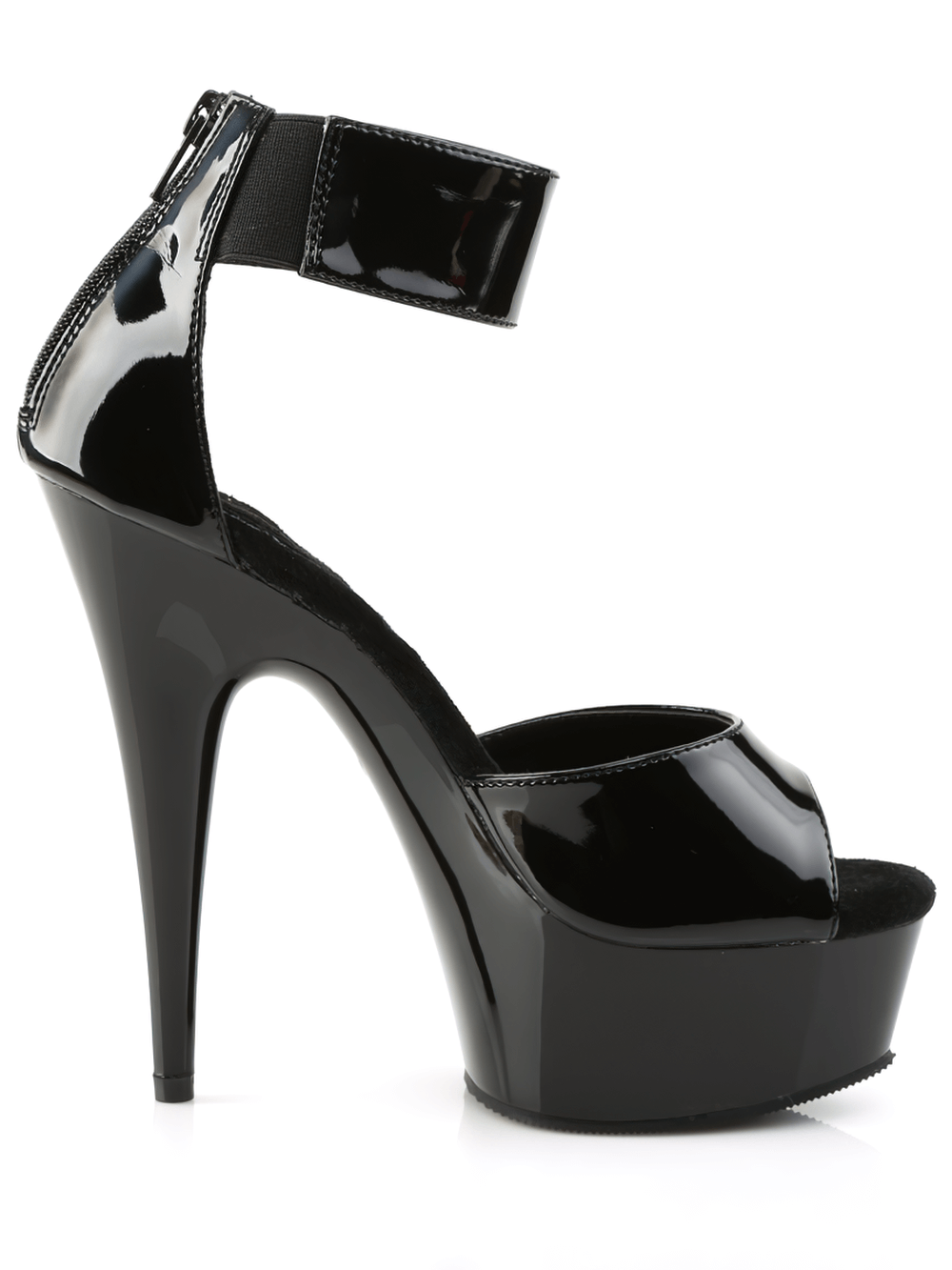 Sleek black stiletto sandals with ankle band and back zip, featuring a 6-inch heel and platform for elegant style.