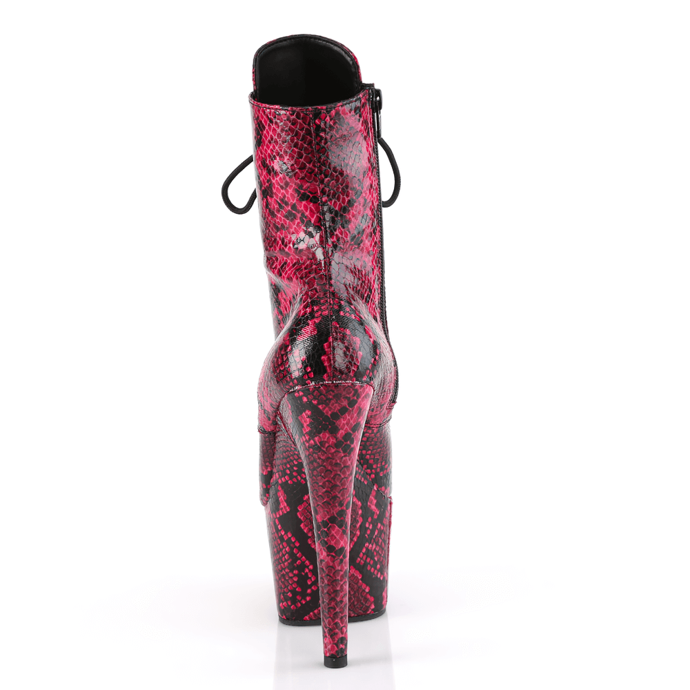 Back view of PLEASER pink snakeskin platform ankle boots with high heels, showcasing vibrant pattern and edgy lace-up design.
