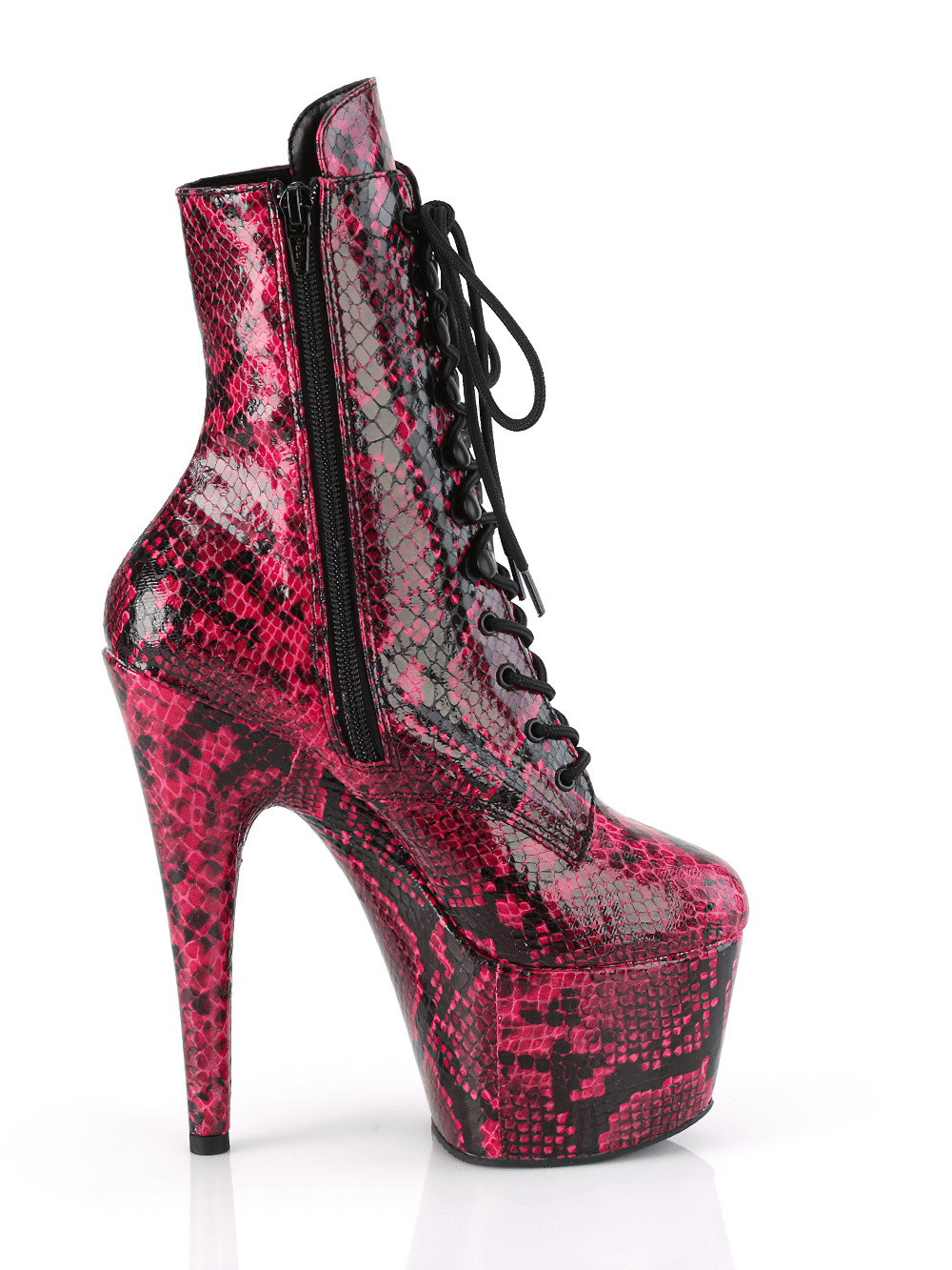 Exotic pink snakeskin lace-up ankle boots with dramatic heels and platform, perfect for making a bold fashion statement.
