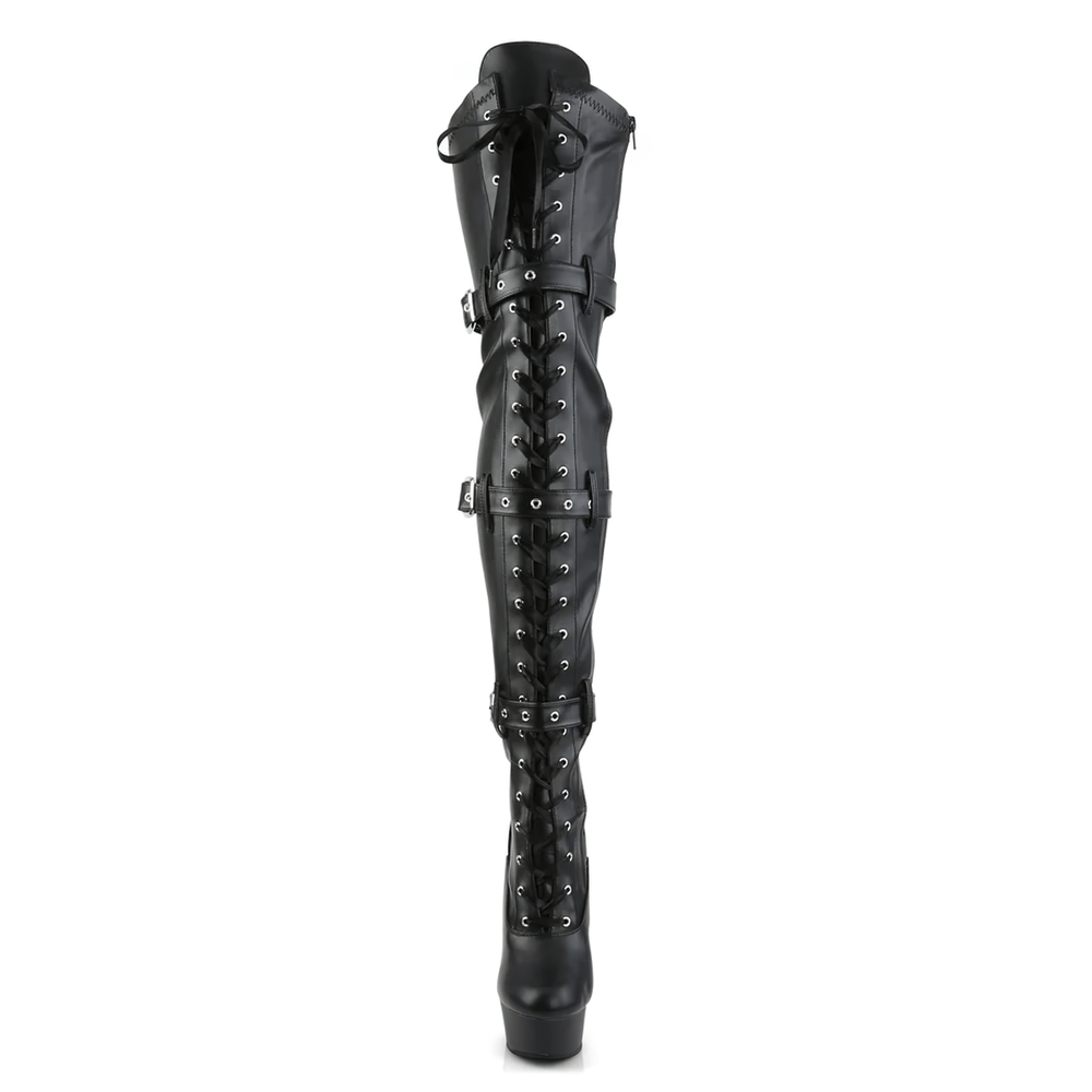 Stylish PLEASER thigh-high lace-up stiletto boots with buckle straps and 6-inch heel, showcasing edgy elegance.