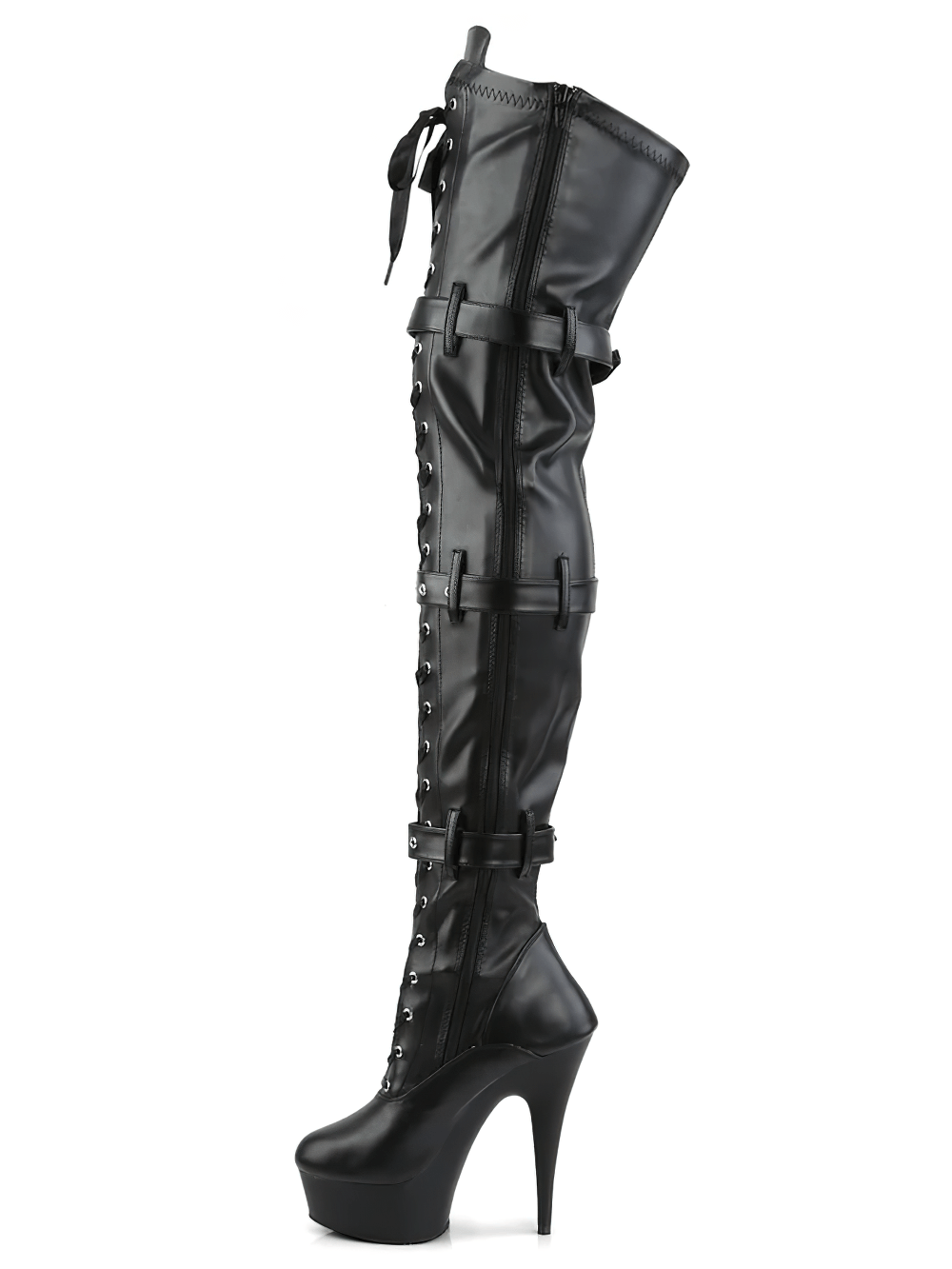 PLEASER Sophistication Thigh-High Lace-Up Stiletto Boots with triple buckle straps and sleek design.