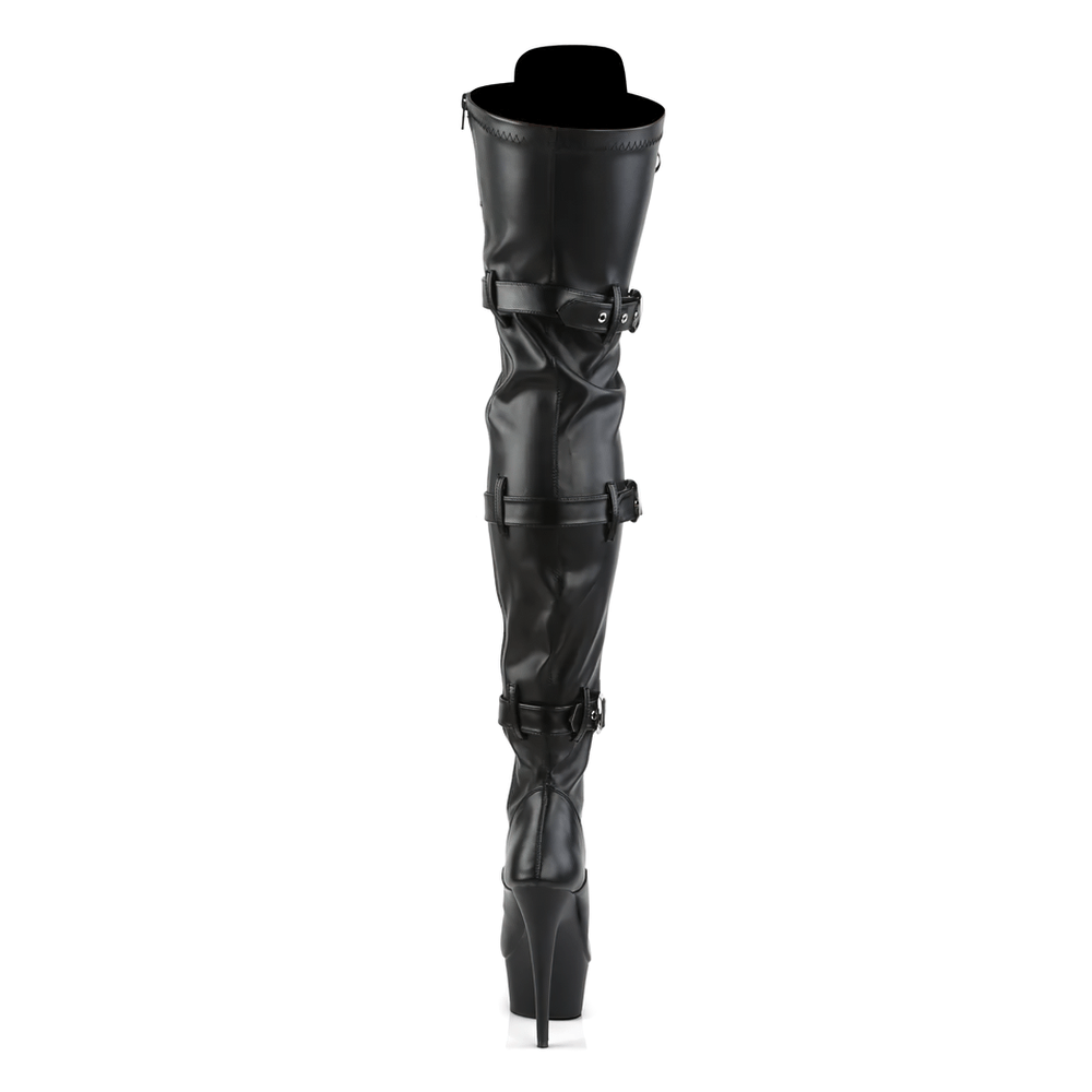 Stylish PLEASER thigh-high black boots with buckle details and stiletto heel, perfect for a daring look.