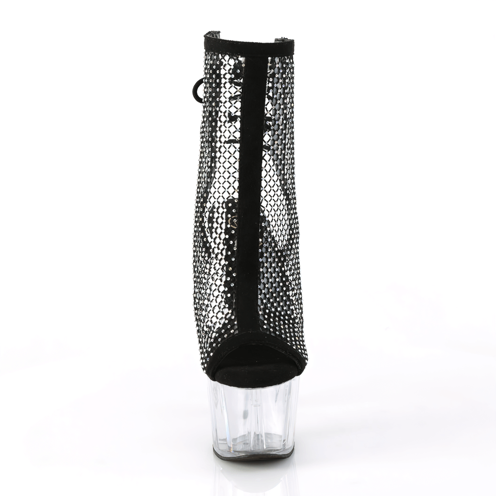 PLEASER Sparkling Black Mesh Overlay Ankle Boots with clear platform and lace-up back design.