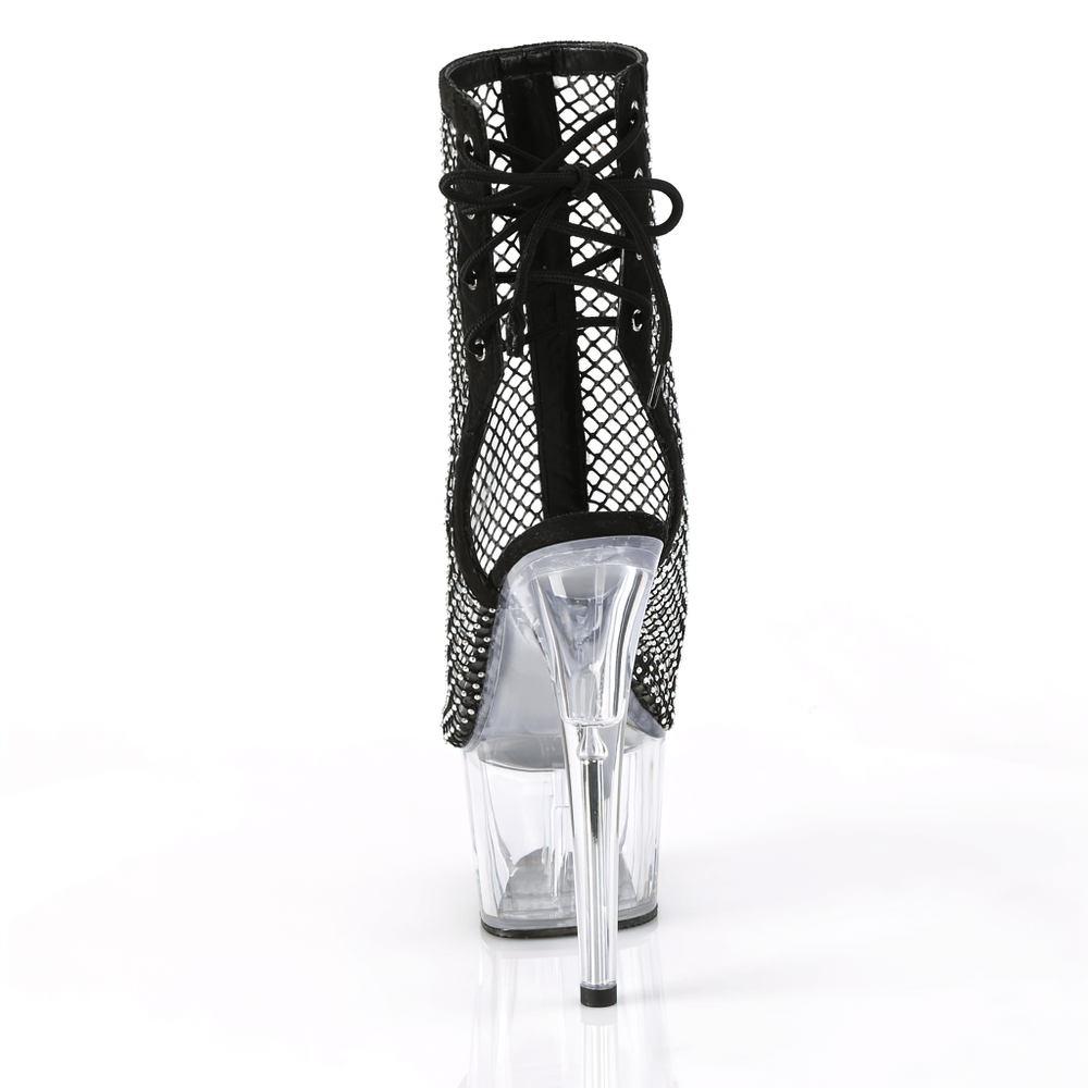 PLEASER Sparkling Black Mesh Overlay Stiletto Shoes with clear heels and lace-up back, perfect for chic, bold style.