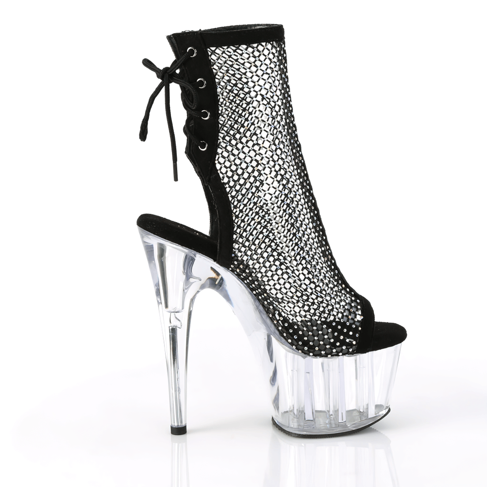PLEASER sparkling black mesh overlay stiletto ankle boots with rhinestones and clear platform heels.
