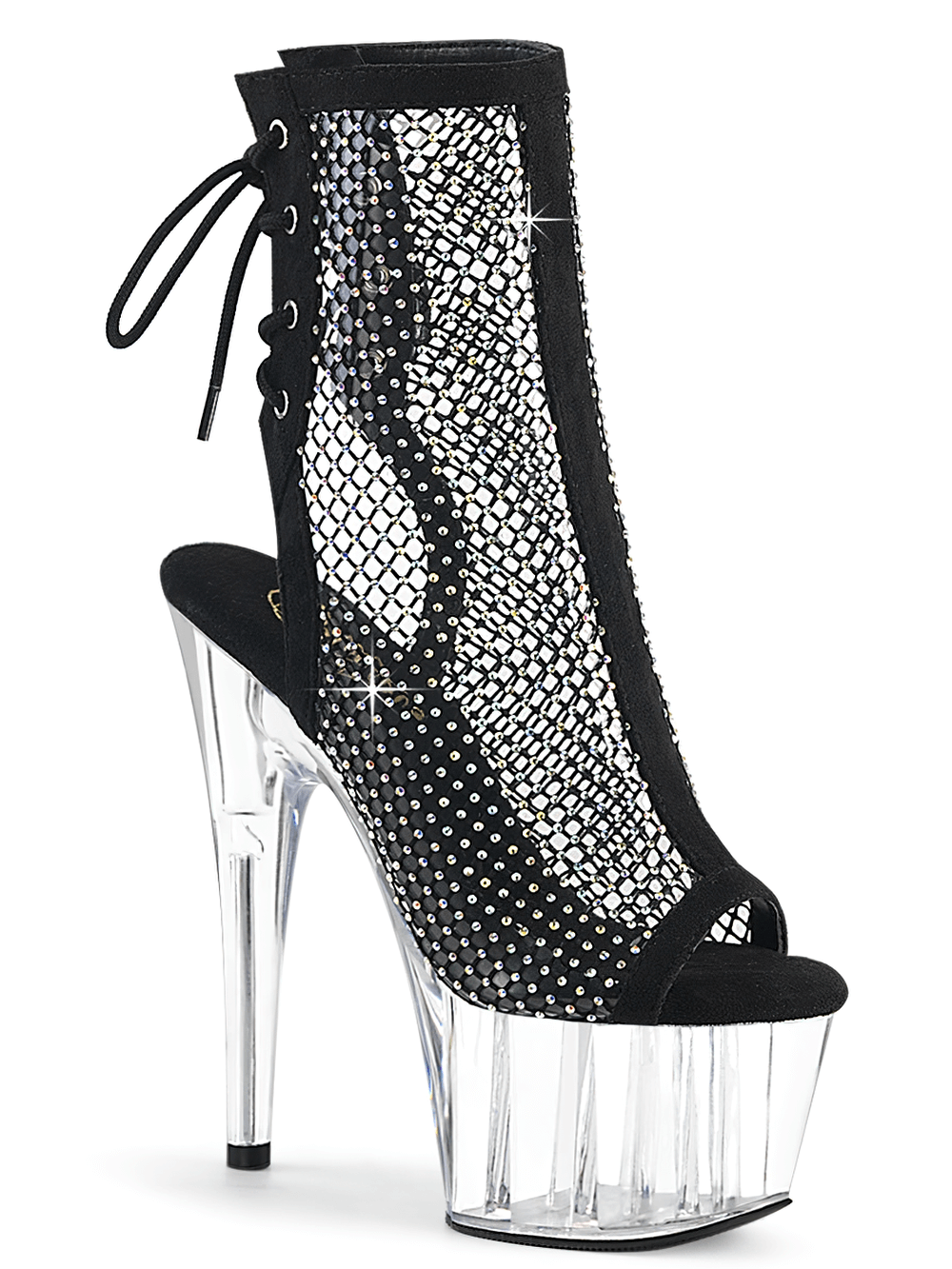 Sparkling black mesh overlay stiletto ankle boots with rhinestone accents and a bold transparent heel.