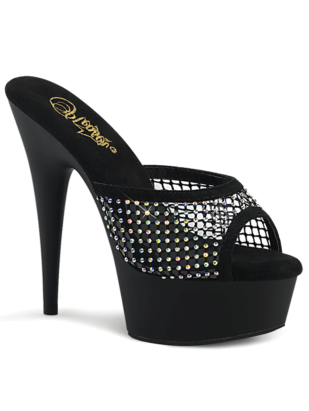 Glamorous black peep-toe platform slides with rhinestone mesh, featuring a 6-inch heel for a sparkling evening look.