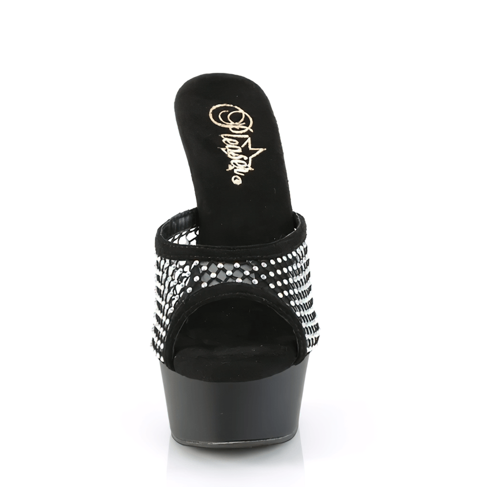 PLEASER sparkling black peep-toe platform slides with rhinestone mesh for glamorous women's footwear.