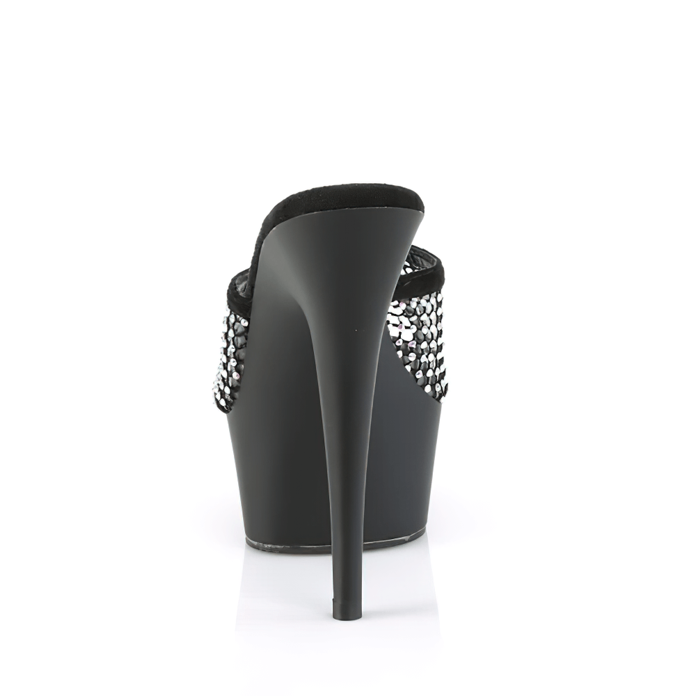 Back view of PLEASER sparkling black peep-toe platform slides with rhinestone mesh overlay, showcasing a chic 6-inch heel.
