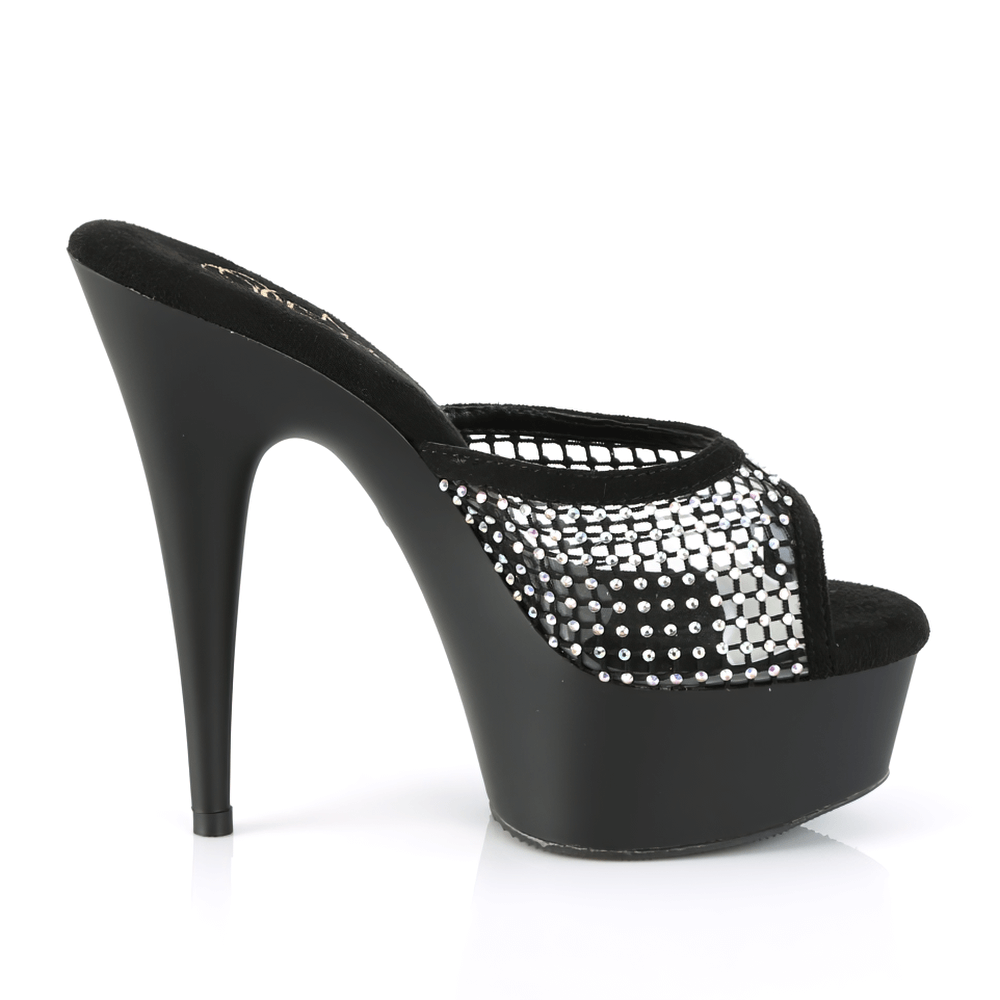 Black peep-toe platform slides with rhinestone mesh, featuring a 6-inch heel and sparkling embellishments.