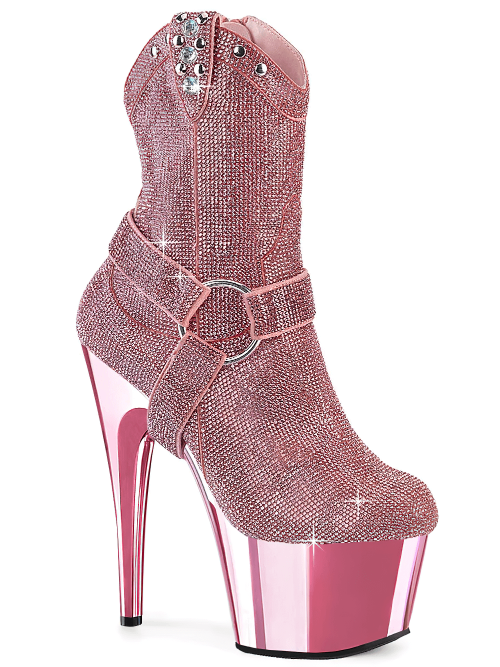 Glamorous pink rhinestone ankle boots with chrome platform and 7-inch heel, perfect for a dazzling look.