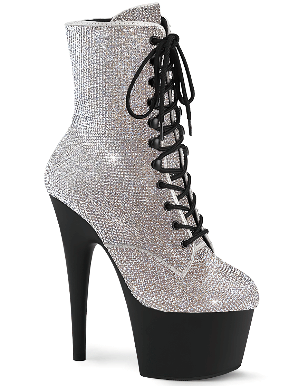 Sparkling rhinestone lace-up ankle boots with 7-inch heel and 2 3/4-inch platform in silver and black.