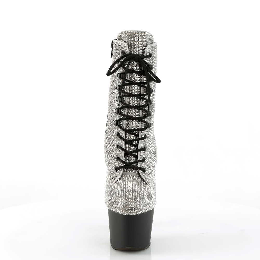 PLEASER sparkling rhinestone ankle boots with lace-up front and 7-inch heel, designed for glamorous fashion statements.
