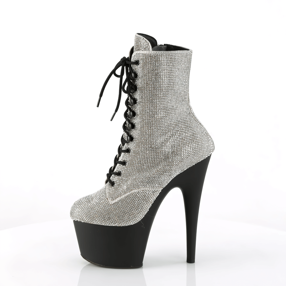 PLEASER sparkling rhinestone ankle boots with 7-inch heel and lace-up design in silver and black.