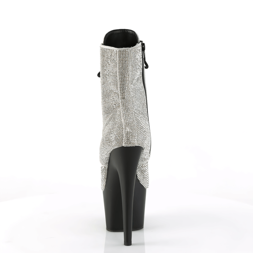 Back view of PLEASER sparkling rhinestone ankle boots with 7-inch heel and lace-up design, showcasing dazzling rhinestone details.