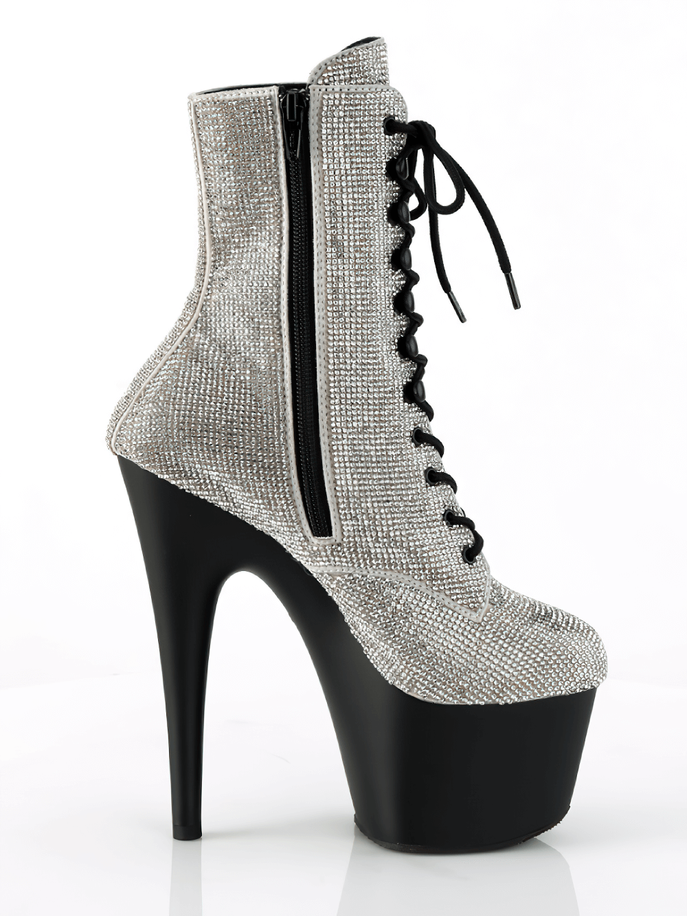Silver rhinestone ankle boots with 7-inch heel, lace-up design, and side zip for easy wear.