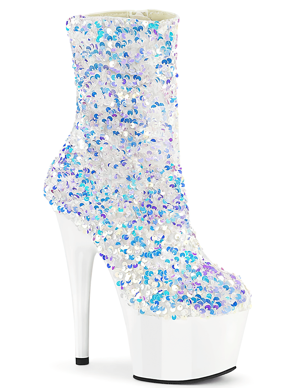 Dazzling PLEASER white sequin ankle boots with high platform and zipper, perfect for making a statement.