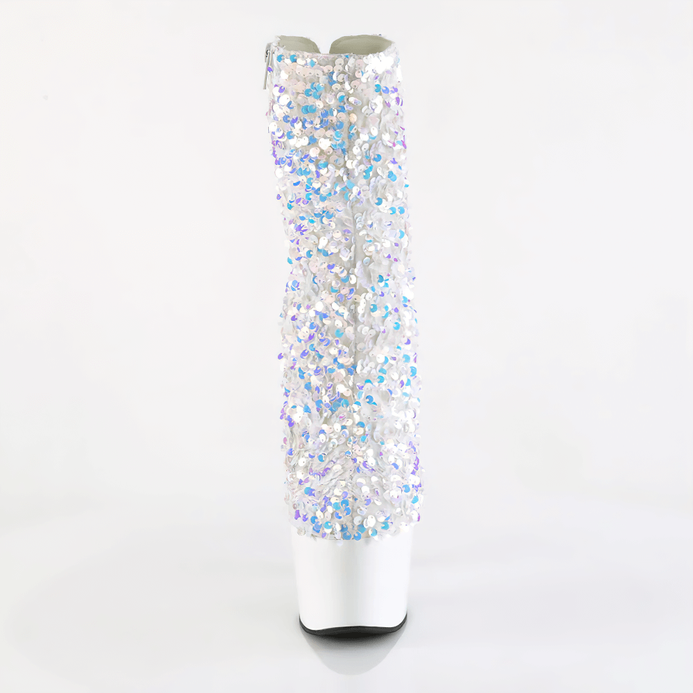Stylish PLEASER sparkling sequin ankle boots showcasing dazzling sequins in white and blues, perfect for making a statement.