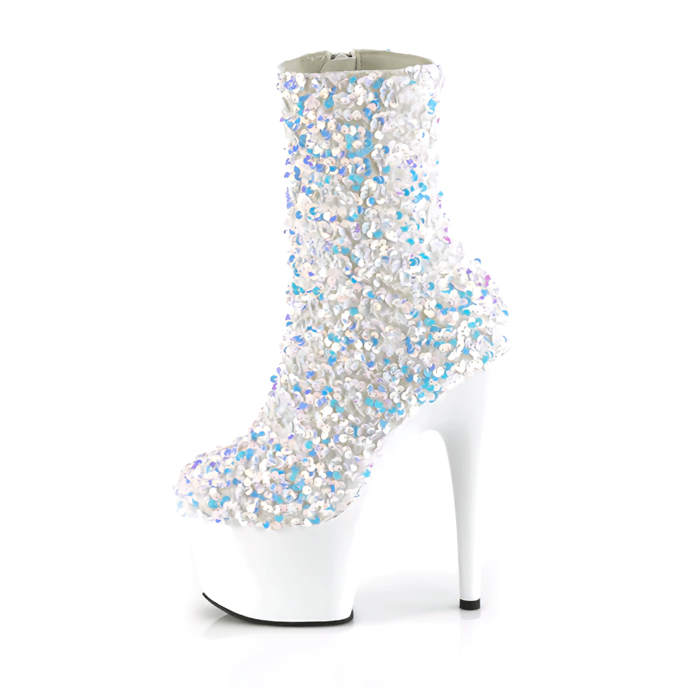 White sparkling sequin ankle boots with a striking high heel, perfect for making a bold fashion statement.