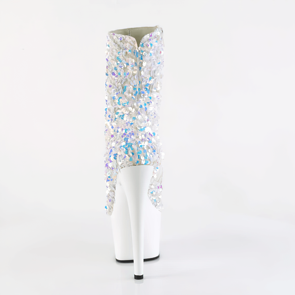 Stylish PLEASER sparkling sequin ankle boots with zipper, featuring a dazzling white sequin design and striking high heel.