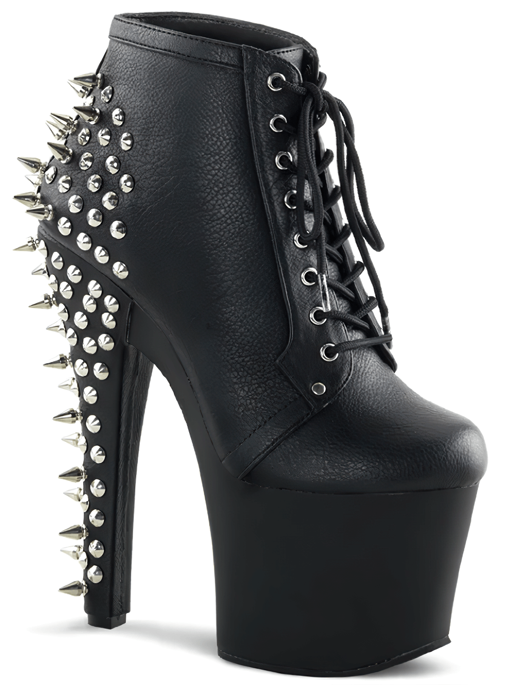 PLEASER spiked black ankle boots with 7-inch stiletto heel and lace-up design, perfect for bold style.