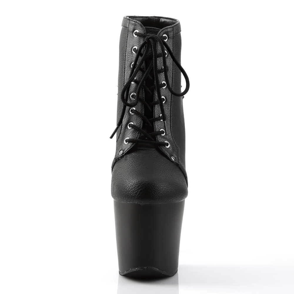 Edgy PLEASER black lace-up ankle boots with 7-inch stiletto heel and chunky platform, perfect for bold fashion statements.