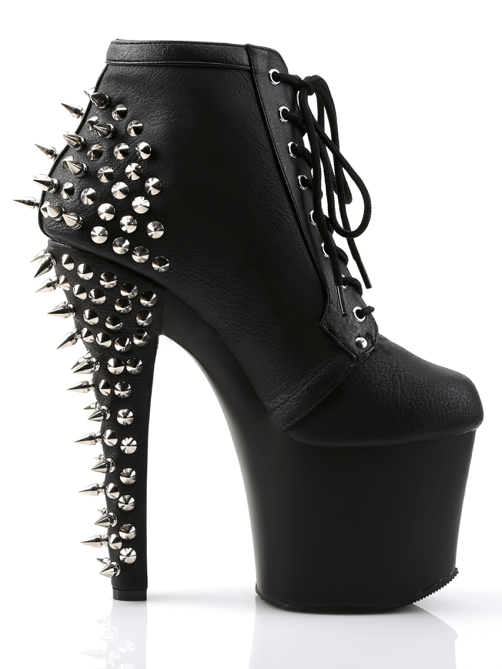 Edgy PLEASER black ankle boots with spikes, 7-inch stiletto heel and platform, perfect for bold fashion statements.