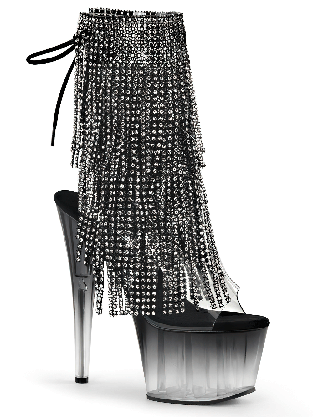 Pleaser stiletto fringe boots with black rhinestones and transparent platform, perfect for elevating any outfit.