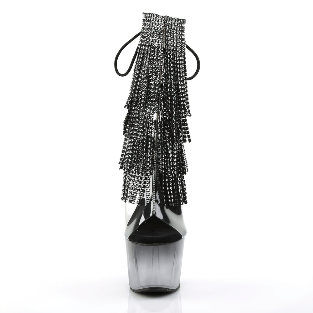 PLEASER stiletto fringe boots with black rhinestone accents and dramatic chrome-plated fringe from the back.