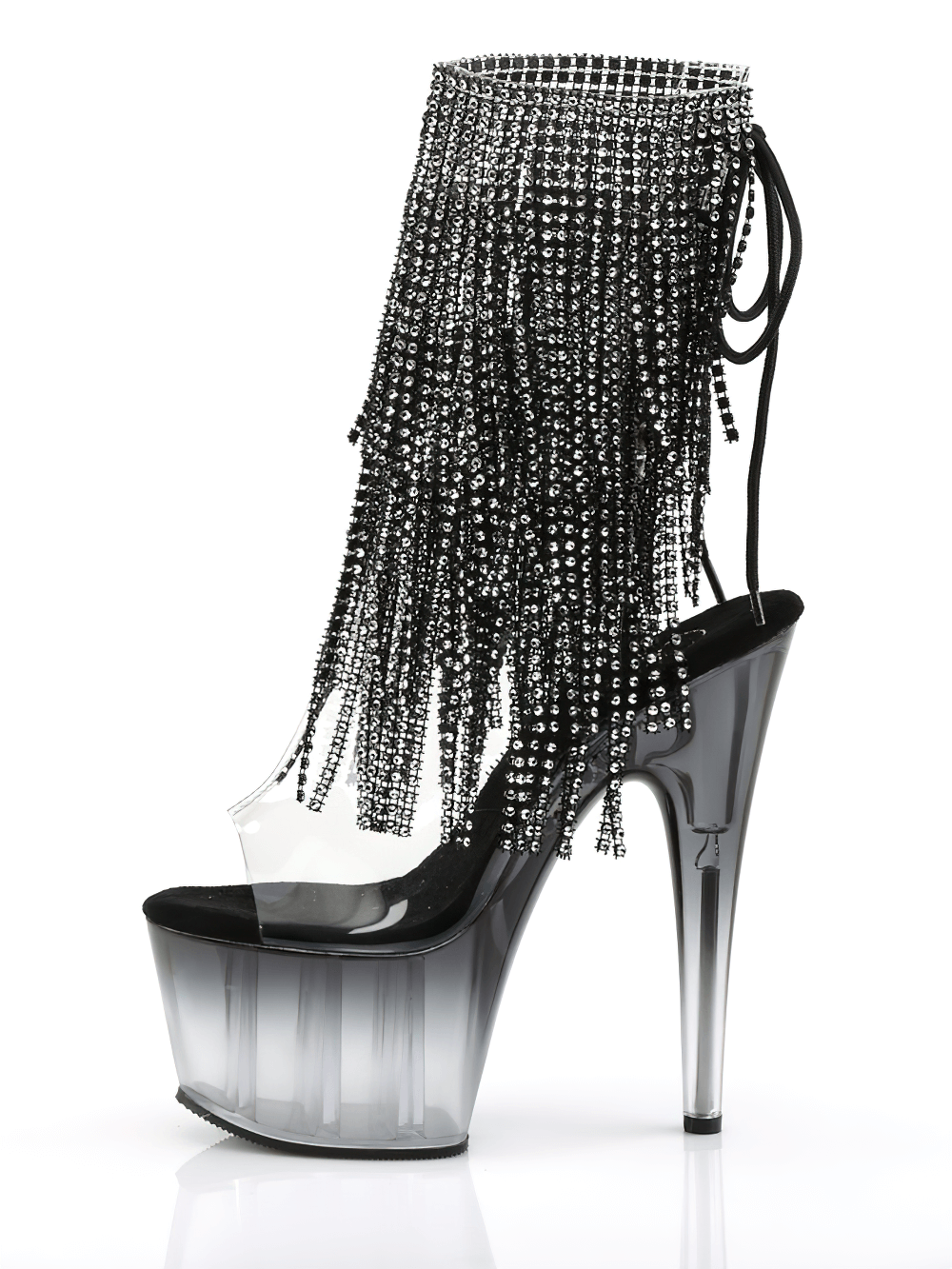 PLEASER stiletto fringe boots with black rhinestones, 7-inch heel, open-toe design, dazzling shimmer, chic and edgy style.