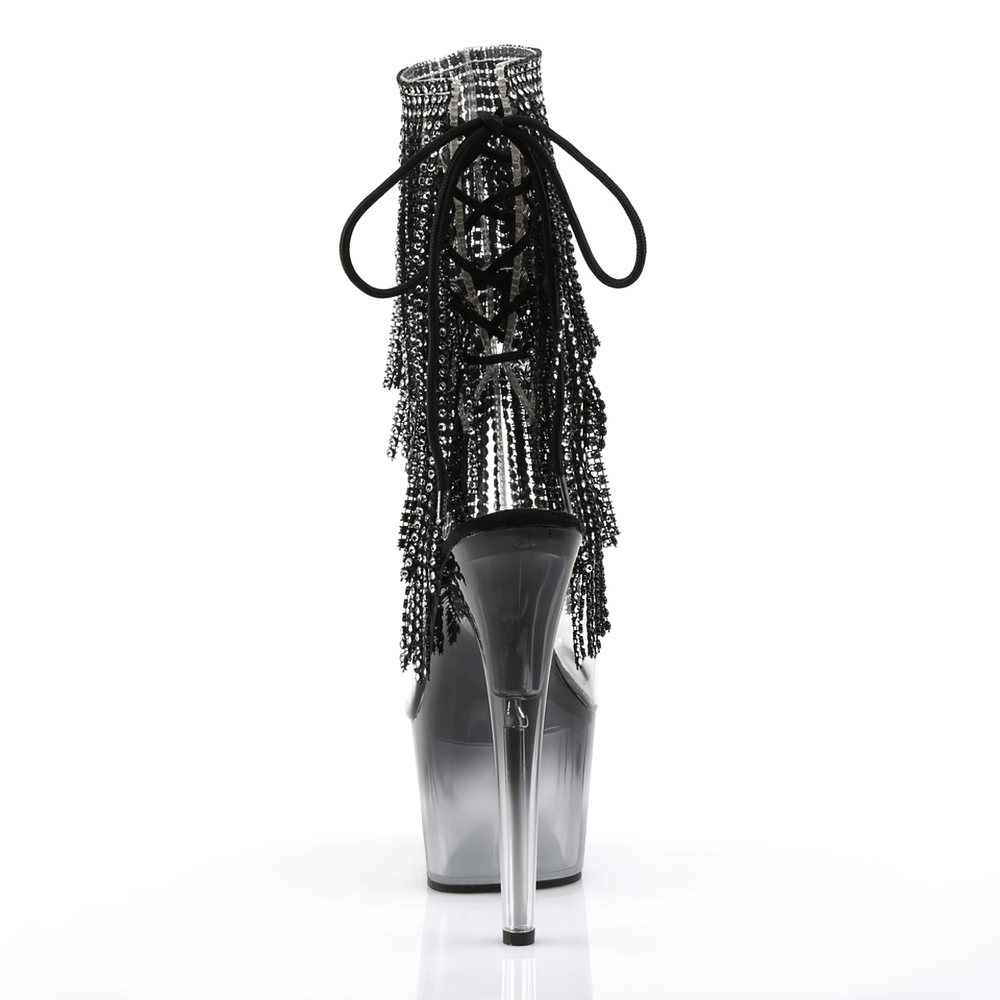 Back view of PLEASER Stiletto Fringe Boots with rhinestones, showcasing lace-up detail and high heel.