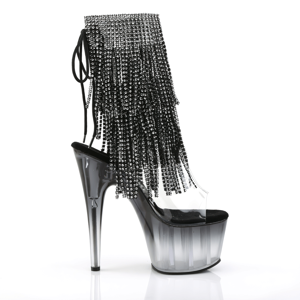 PLEASER stiletto fringe boots with rhinestone accents, 7-inch heel, dramatic and stylish ankle boots.