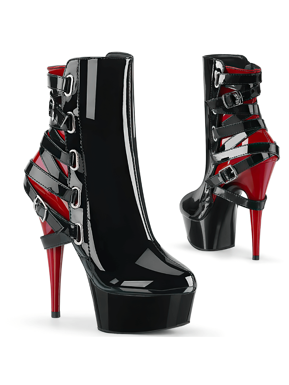 PLEASER stiletto heel ankle boots in black and red with criss-cross straps and a shiny finish, perfect for a bold look.