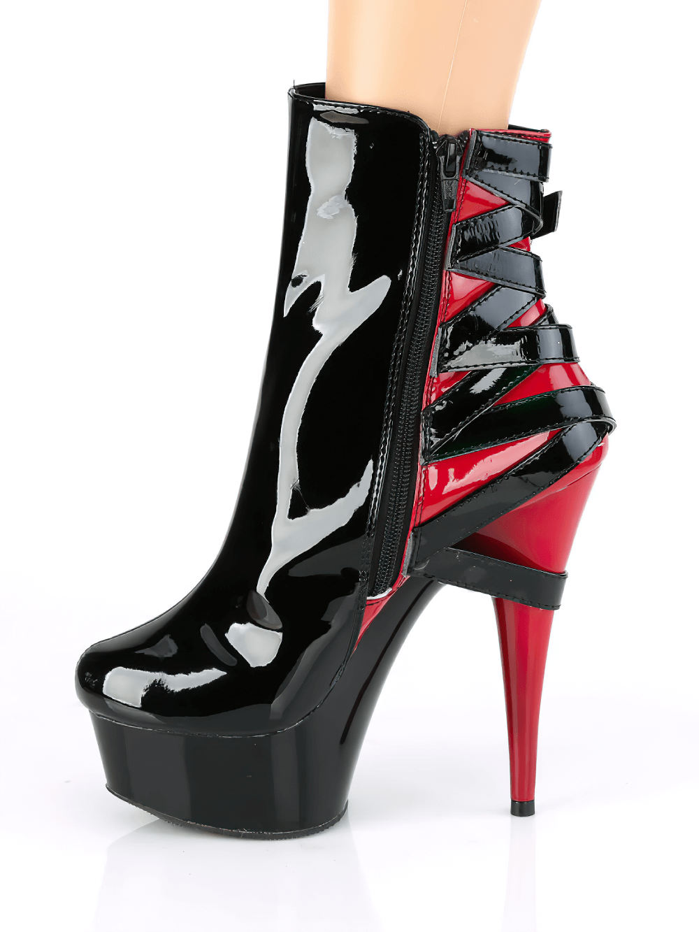 Two-tone stiletto heel ankle boots with criss-cross buckled straps in black and red.