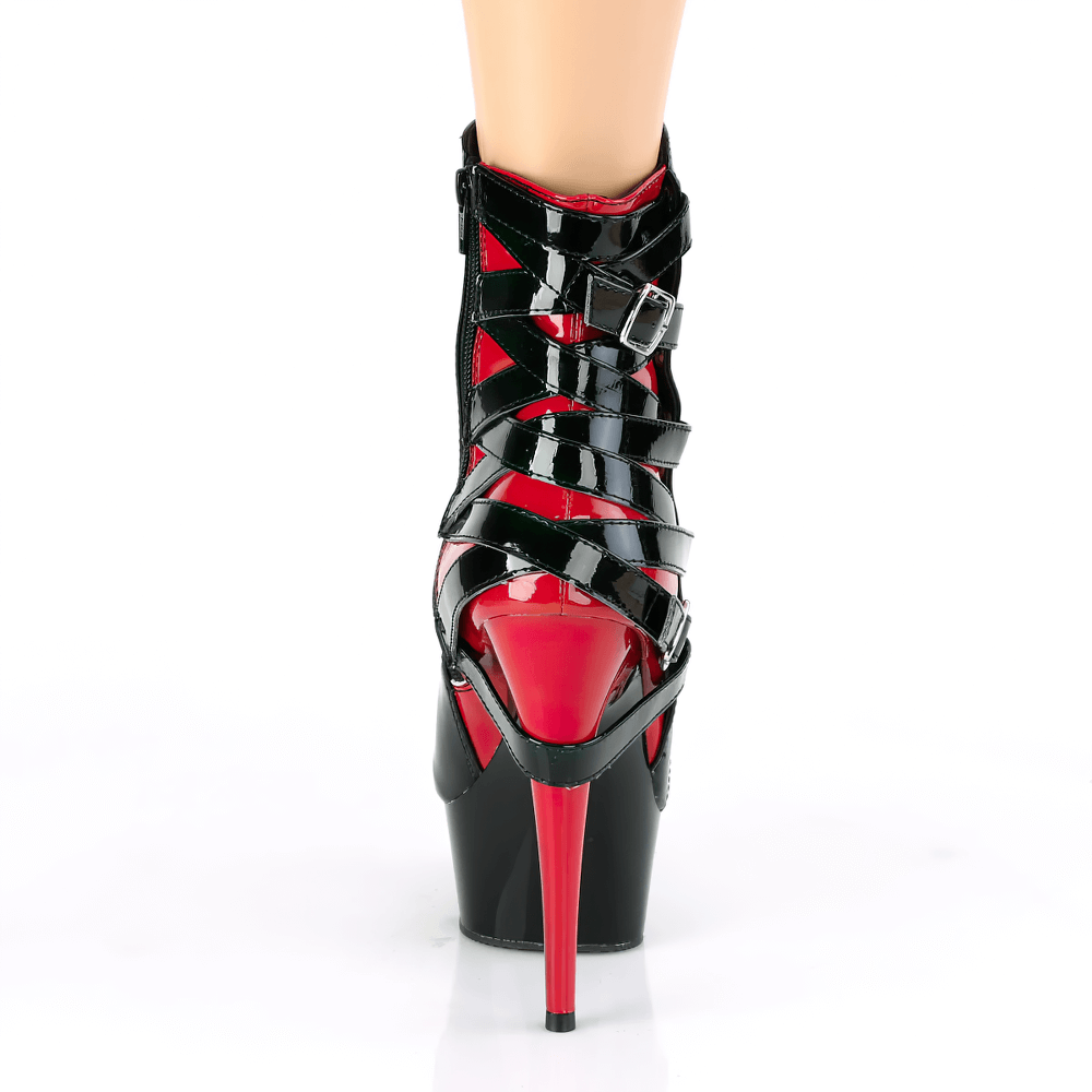Black and red stiletto heel ankle boots with criss-cross buckled straps and a striking platform design.