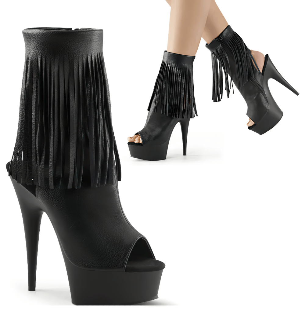 Bold black stiletto heel fringe ankle boots with platform and open toe design.