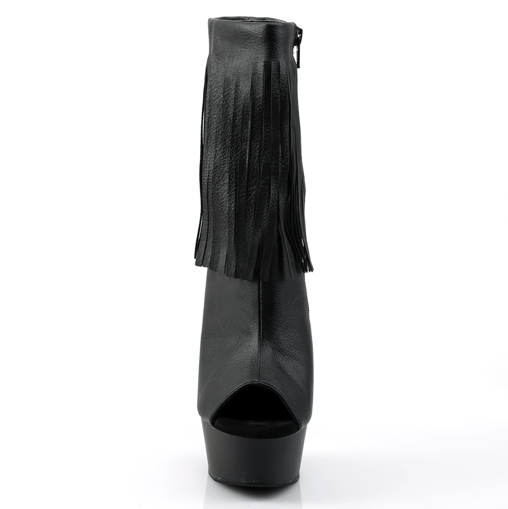 Black stiletto heel ankle boots with fringe and open toe. Striking platform design for bold and stylish flair.