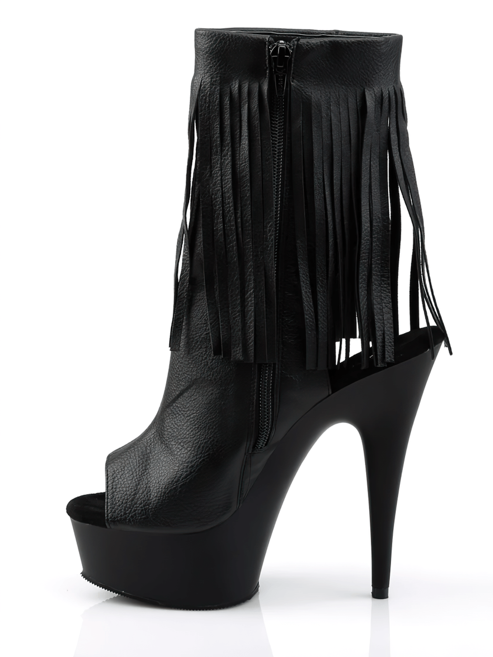 Stylish black stiletto heel ankle boots with playful fringe and open toe design, featuring a high platform and zip closure.