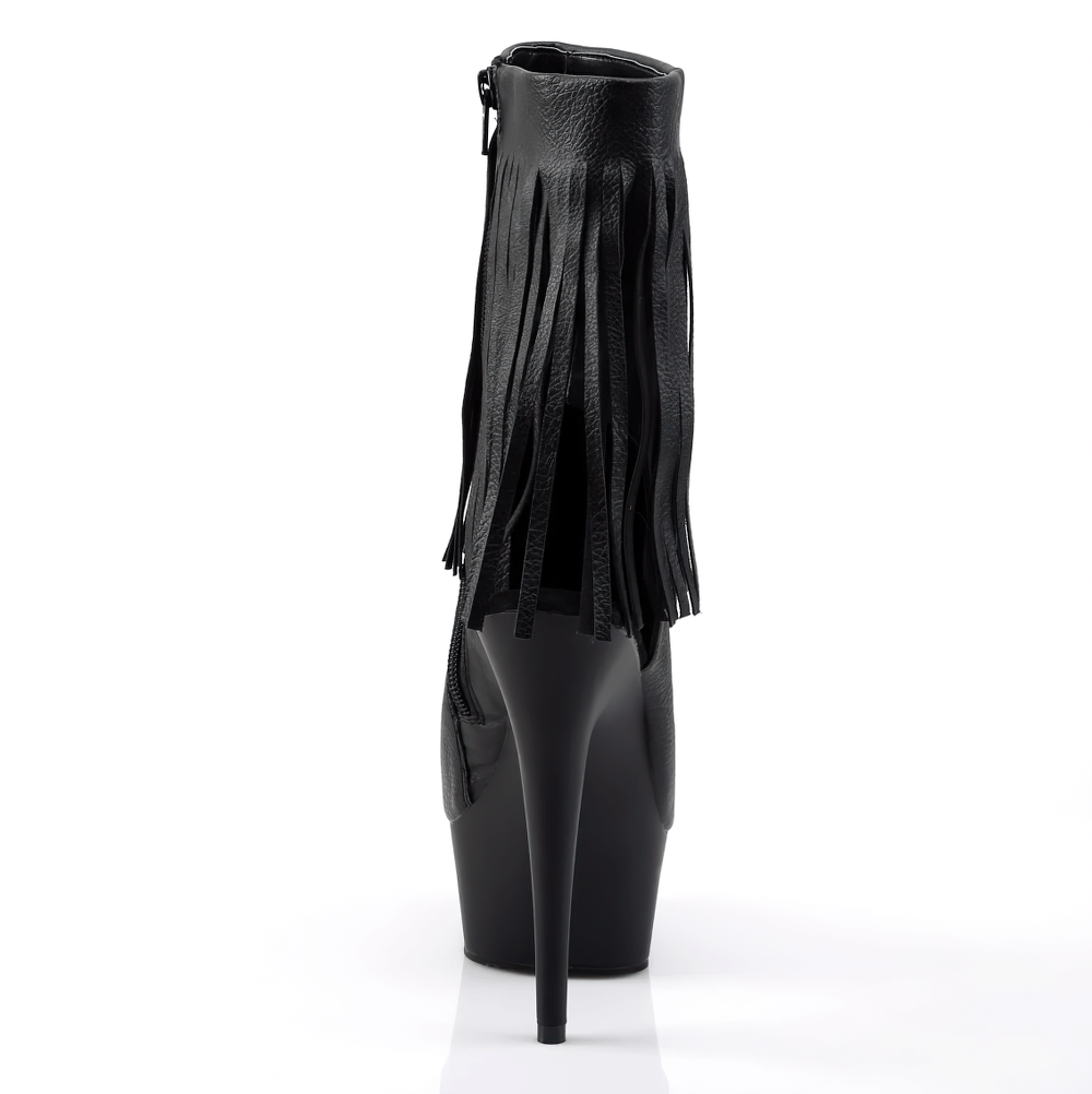 Back view of black Pleaser stiletto heel fringe ankle boots with platform, showcasing playful fringe and sleek design.