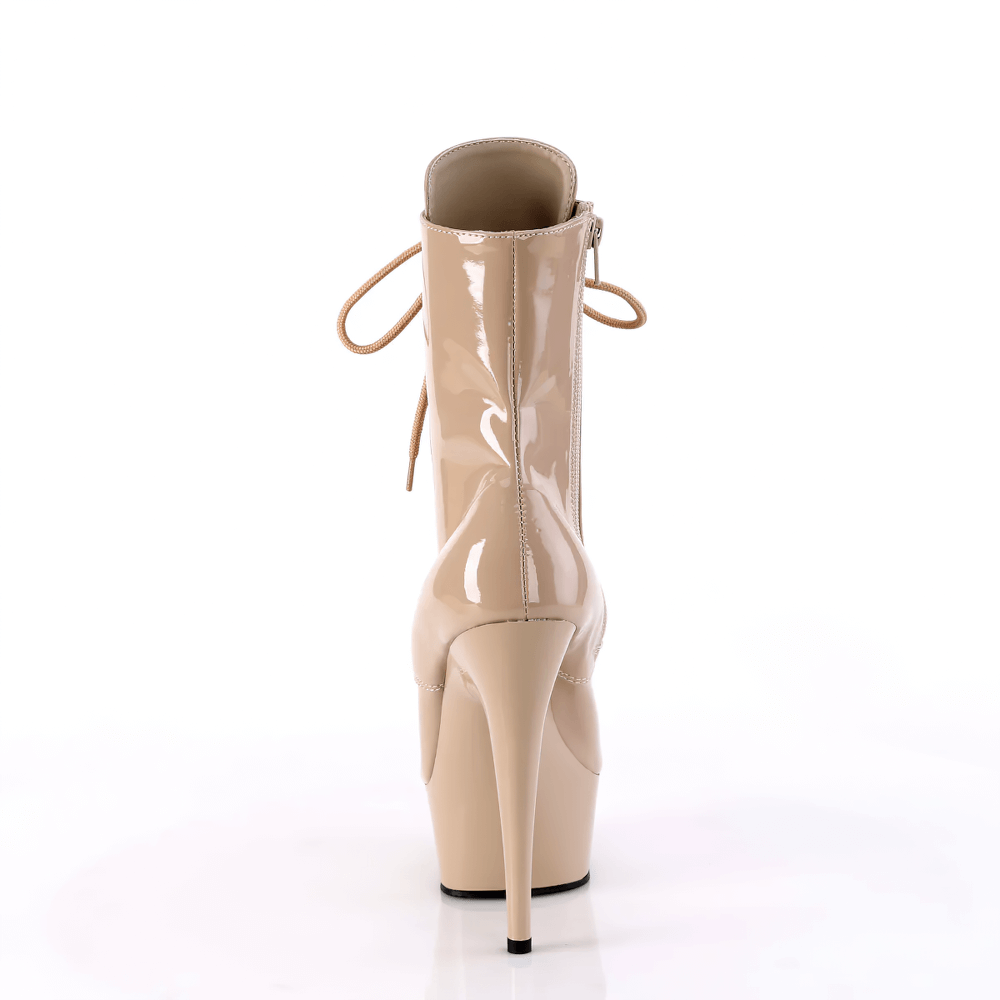 Back view of PLEASER stiletto heel lace-up ankle boots with high glossy finish and side zip closure.