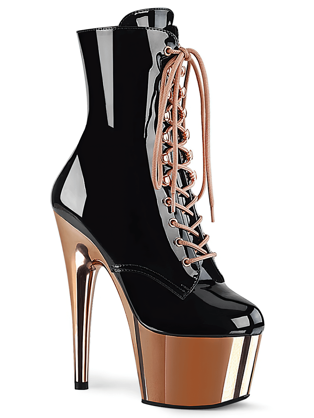 Black and gold lace-up ankle boots with a 7-inch stiletto heel and shiny patent finish.