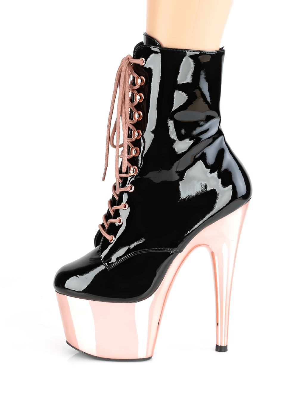 Black lace-up ankle boots with shiny patent finish and rose gold stiletto heels, perfect for bold style statements.
