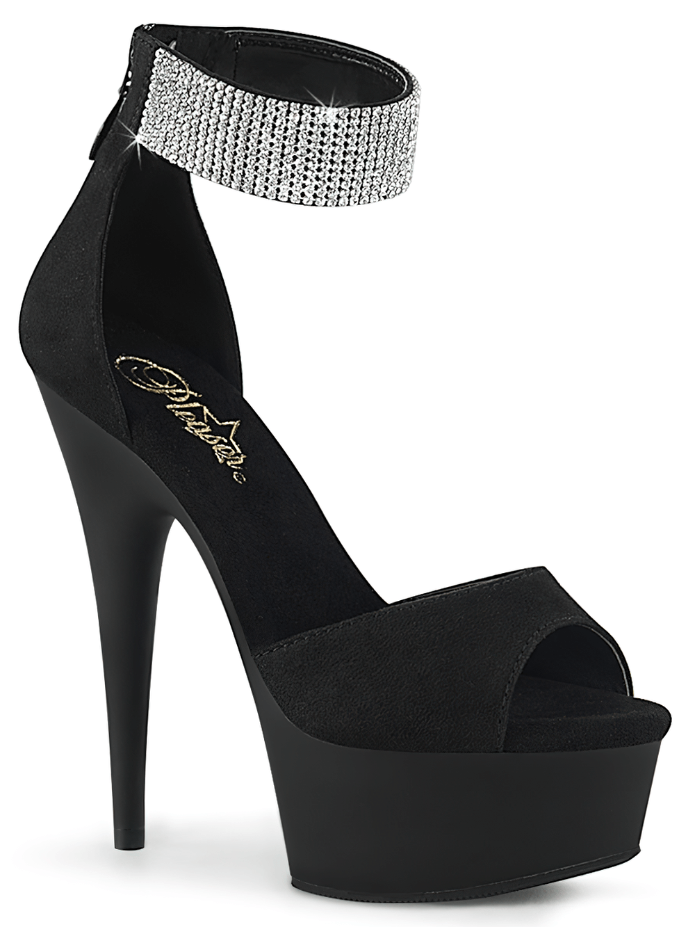 Black suede stiletto heel sandals with rhinestone ankle cuff and open toe design, perfect for glamorous occasions.
